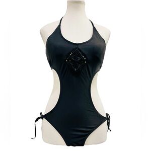 Xhilaration Junior’s Black Monokini One-Piece Crochet Center Swimsuit S